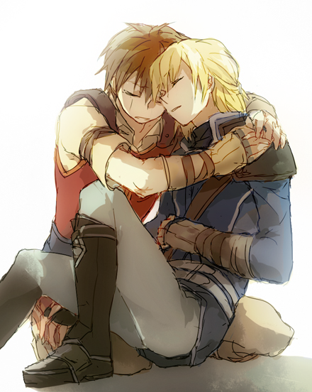 2boys blonde_hair boots brown_hair closed_eyes edward_(fire_emblem) fire_emblem fire_emblem:_radiant_dawn hug leonardo_(fire_emblem) male_focus multiple_boys nintendo rrr sad short_hair single_tear