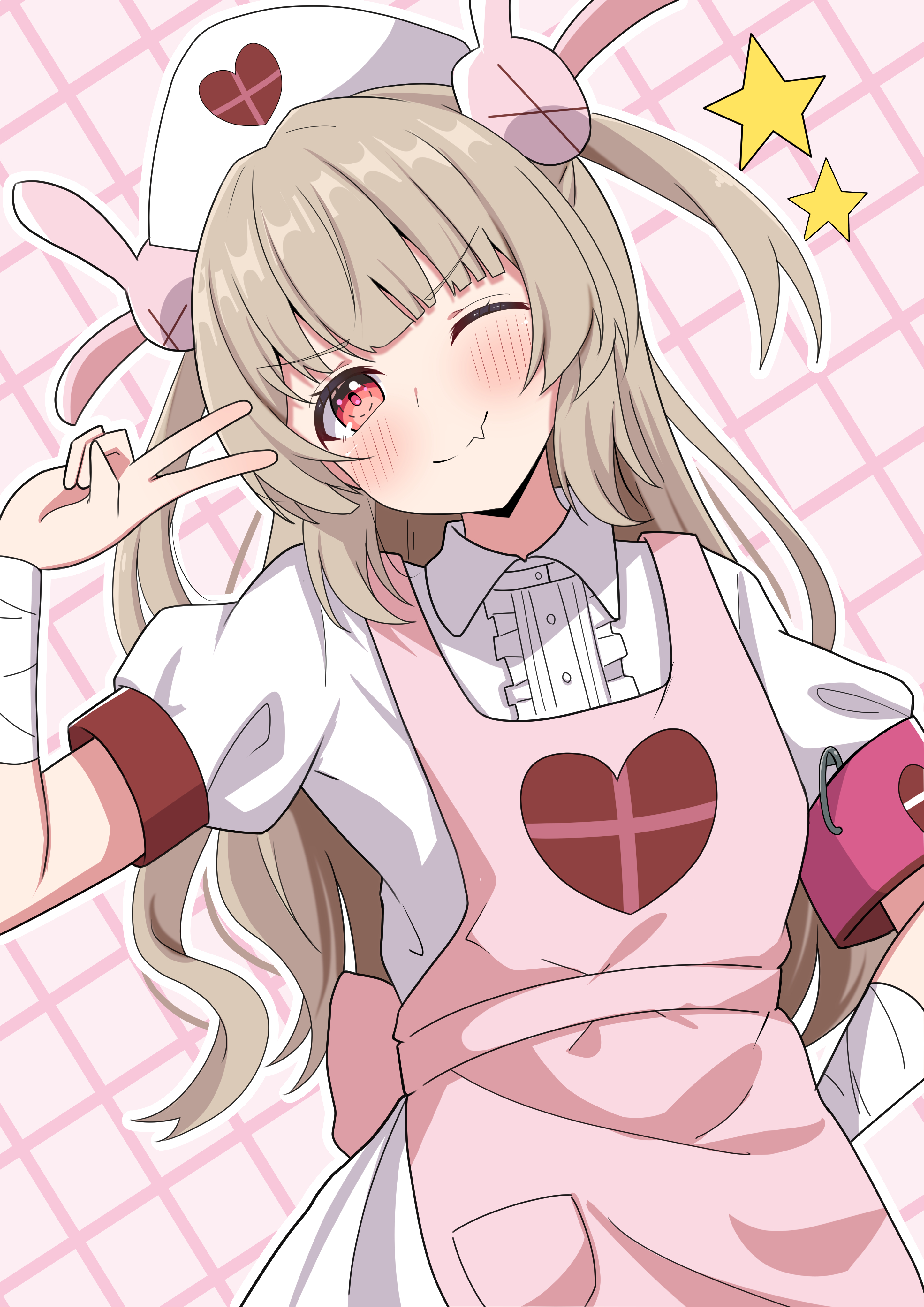 1girl absurdres apron arm_behind_back armband bandaged_wrist bandages brown_hair checkered_background closed_mouth cowboy_shot fang hair_ornament hat head_tilt heart heart_print highres hosinonana long_hair looking_at_viewer natori_sana nurse nurse_cap one_eye_closed outline paperclip pink_apron pink_armband rabbit_hair_ornament red_eyes sana_channel shirt short_sleeves skin_fang smile solo star_(symbol) twintails v very_long_hair white_outline white_shirt