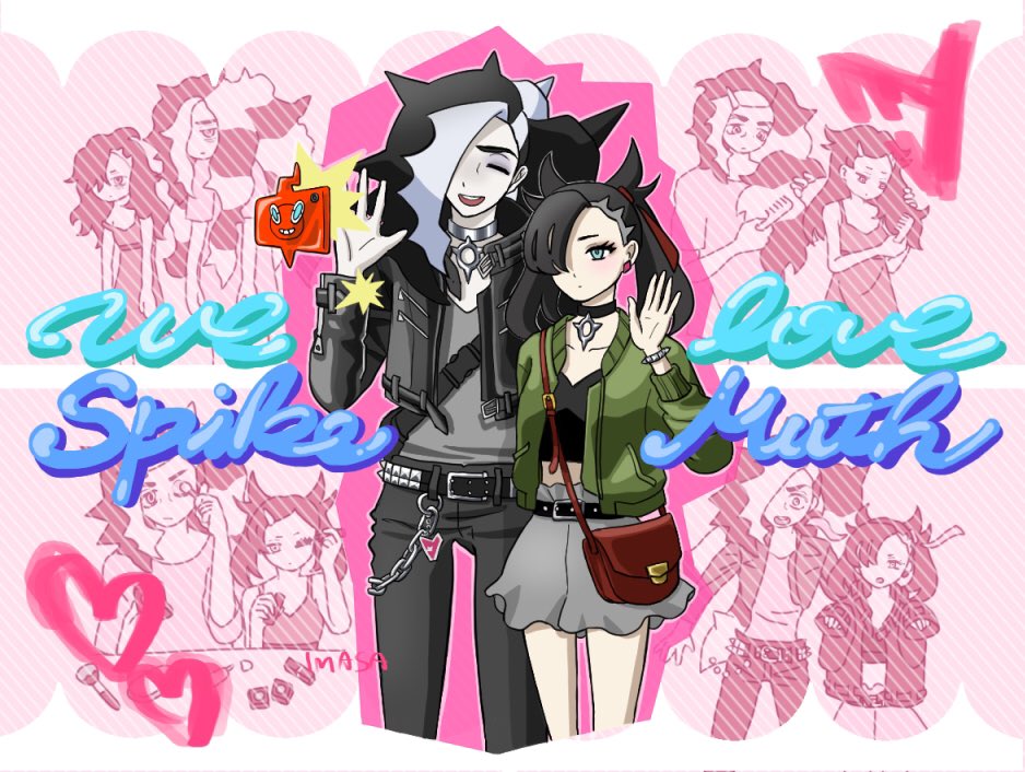 1boy 1girl :d alternate_costume asymmetrical_bangs bag belt black_belt black_choker black_hair black_shirt bracelet brother_and_sister choker closed_eyes closed_mouth commentary_request cropped_jacket earrings eyelashes gen_4_pokemon green_eyes green_jacket grey_skirt hair_over_one_eye hair_ribbon hand_up heart im_i_masa jacket jewelry long_hair marnie_(pokemon) multicolored_hair multiple_views nintendo open_mouth pale_skin pants piers_(pokemon) pokemon pokemon_swsh ribbon rotom rotom_phone shirt shoulder_bag siblings skirt smile teeth two-tone_hair upper_teeth_only waving white_hair