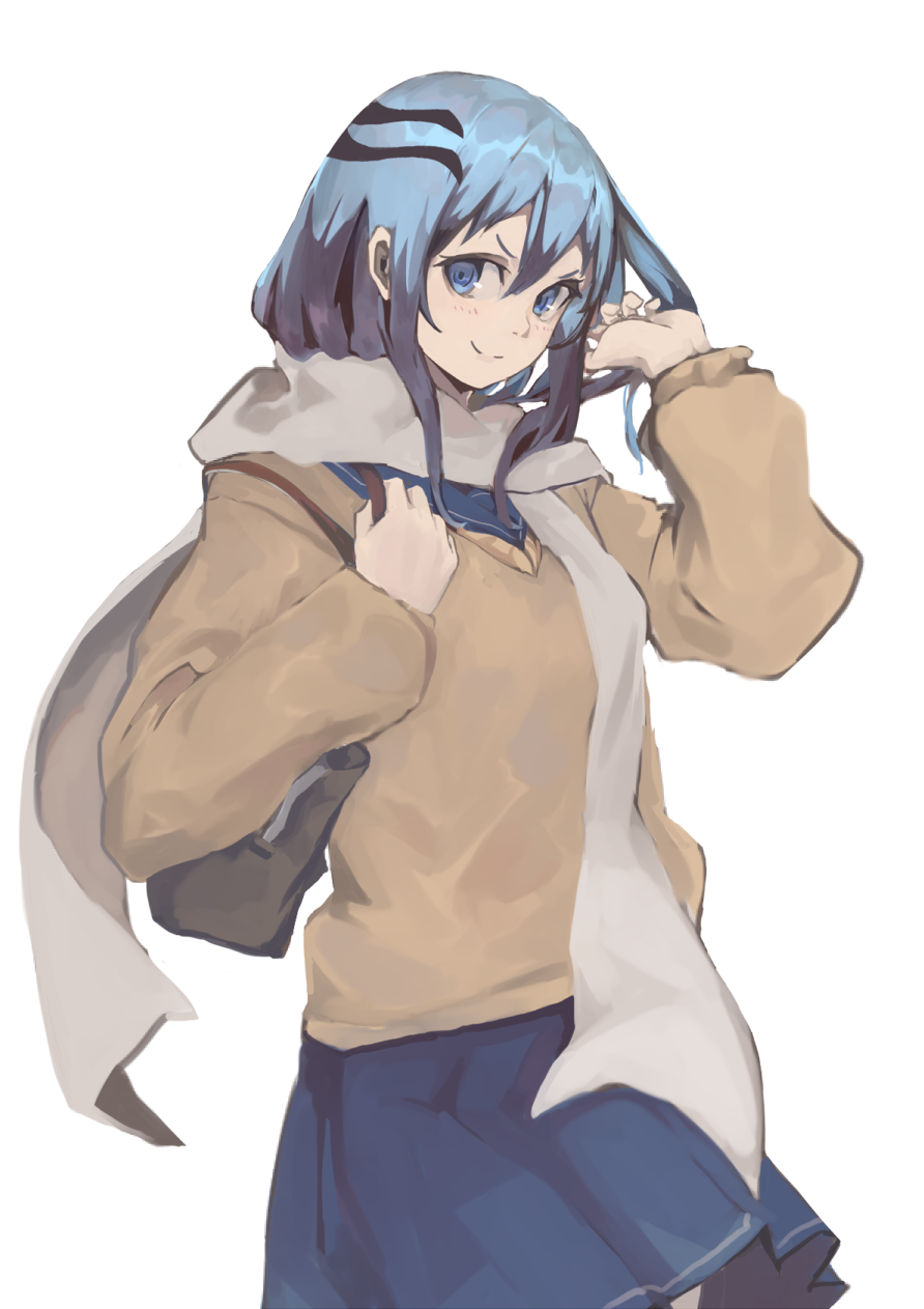 1girl acccty bag blue_eyes blue_hair blue_skirt brown_bag cardigan closed_mouth commentary_request highres long_hair long_sleeves looking_at_viewer nurarihyon_no_mago oikawa_tsurara scarf school_bag school_uniform simple_background skirt smile solo white_background white_scarf yellow_cardigan yuki_onna yuki_onna_(nurarihyon_no_mago)
