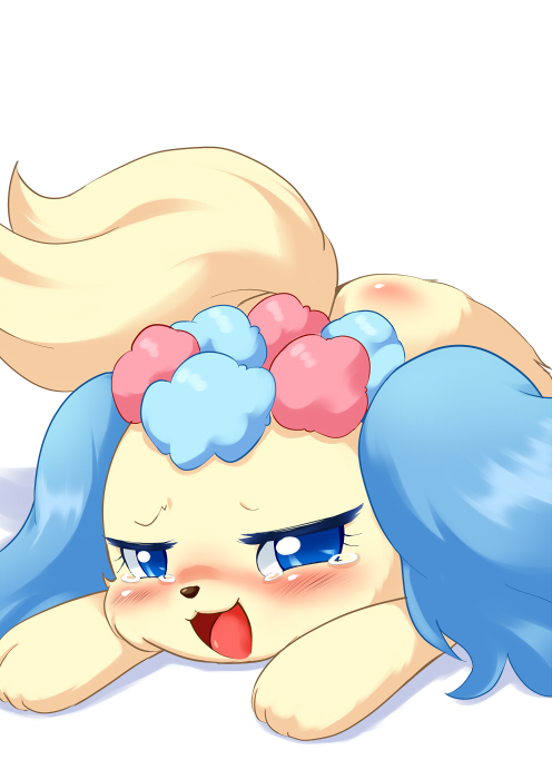 blue_eyes blush dog jewelpet_(series) looking_at_viewer lying no_humans on_stomach open_mouth sapphie_(jewelpet) simple_background solo tears ukan_muri white_background