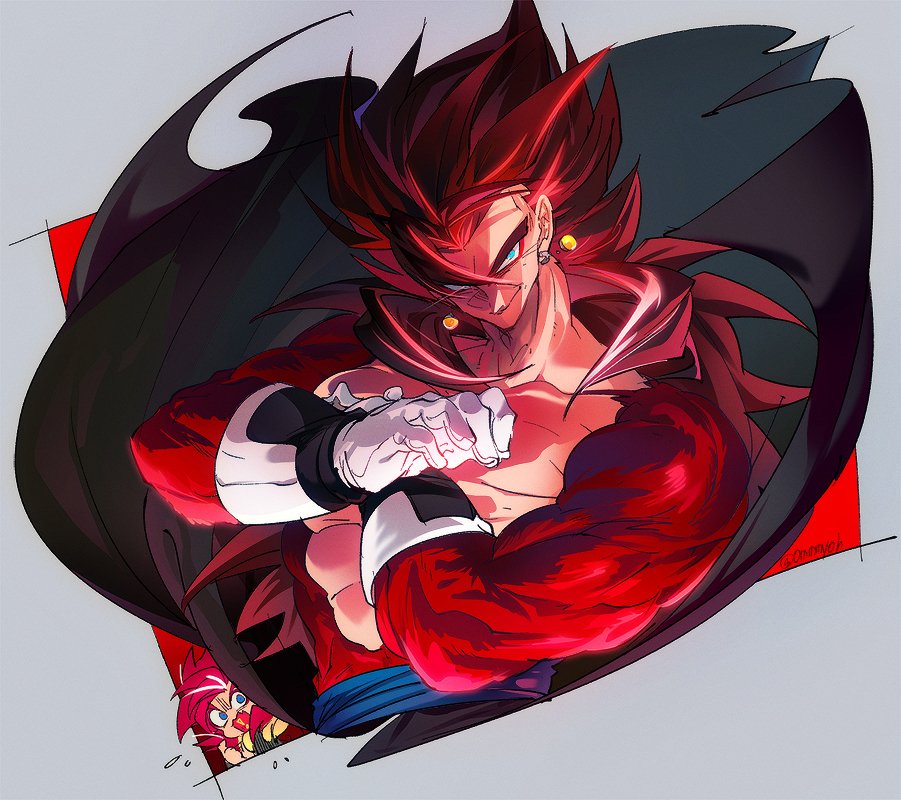 blue_eyes blue_sash body_fur closed_mouth dougi dragon_ball dragon_ball_heroes earrings gloves gogeta gogeta_(xeno) jewelry long_hair looking_at_viewer male_focus metamoran_vest monkey_boy monkey_tail multiple_boys muscular muscular_male no_nipples ommmyoh open_mouth pants pectorals potara_earrings red_fur red_hair saiyan sash smile smirk spiked_hair super_full_power_saiyan_4_limit_breaker super_saiyan super_saiyan_4 tail time_patrol_(dragon_ball) twitter_username vegetto vegetto_(xeno)
