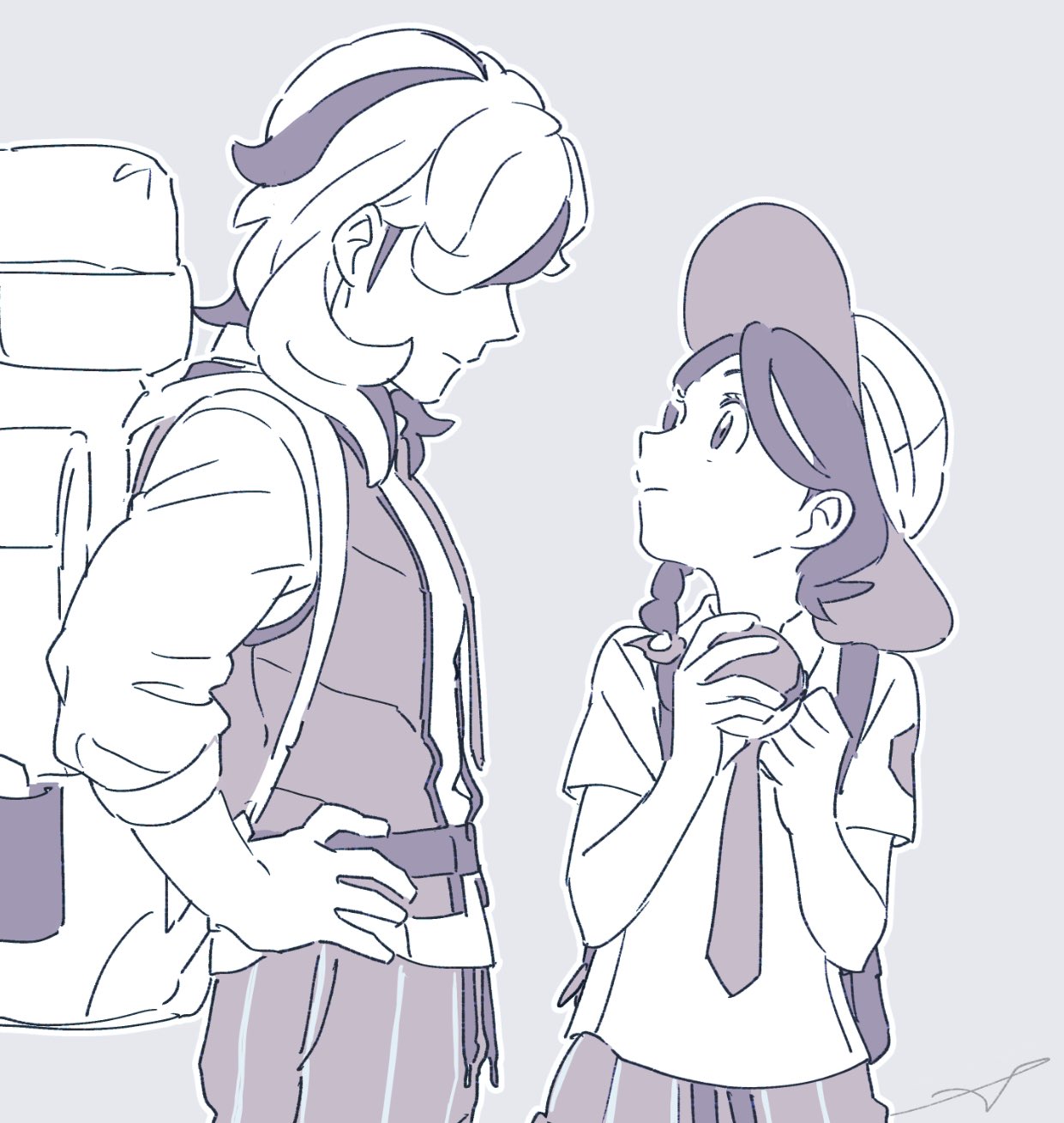 1boy 1girl arven_(pokemon) backpack bag braid collared_shirt game_freak hair_over_one_eye hands_on_own_hips hat highres holding holding_poke_ball juliana_(pokemon) limited_palette long_hair monochrome multicolored_hair necktie nintendo open_clothes open_vest partially_colored poke_ball pokemon pokemon_sv sankaku school_uniform shirt short_sleeves vest
