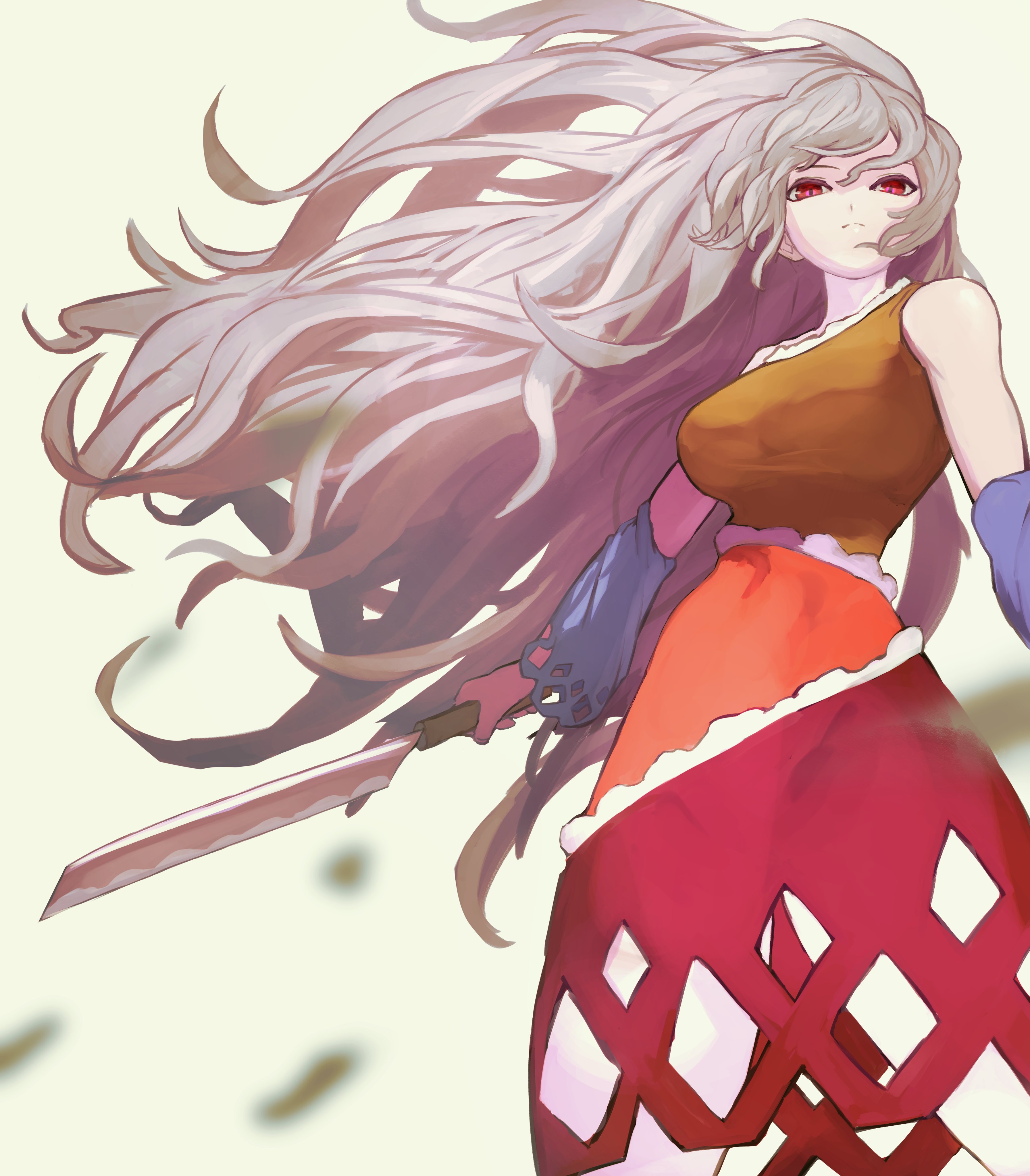 1girl absurdres blue_sleeves breasts cleaver closed_mouth commentary cowboy_shot detached_sleeves dress floating_hair grey_hair highres holding holding_weapon large_breasts leaf long_hair looking_at_viewer mizuki_0630 motion_blur multicolored_dress pale_skin sakata_nemuno simple_background single_strap sleeveless sleeveless_dress solo standing touhou very_long_hair weapon wind yellow_background