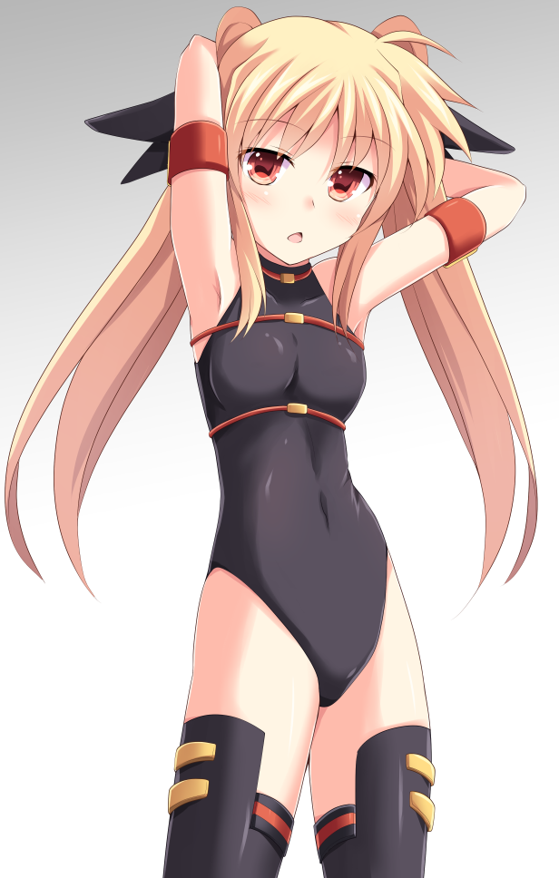 1girl arm_strap armpits arms_up black_thighhighs blonde_hair cowboy_shot cross_(crossryou) fate_testarossa fate_testarossa_(movie_1st_form) female_focus leotard long_hair looking_at_viewer lyrical_nanoha open_mouth red_eyes simple_background solo standing thighhighs twintails