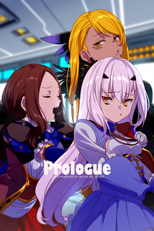 3girls aiguillette black_bow black_dress black_gloves blonde_hair blue_cape blue_dress blue_gloves blush bow breasts brown_dress brown_hair cape chin_piercing closed_eyes dark-skinned_female dark_skin dragon_girl dragon_horns dress echo_(circa) elbow_gloves face_piercing facial_mark fate/grand_order fate_(series) flower forehead forked_eyebrows fur_collar gloves hair_bow horns large_breasts leonardo_da_vinci_(fate) leonardo_da_vinci_(fate/grand_order) leonardo_da_vinci_(rider)_(fate) leonardo_da_vinci_(rider)_(first_ascension)_(fate) long_hair long_sleeves melusine_(fate) melusine_(second_ascension)_(fate) multiple_girls open_mouth parted_bangs piercing ponytail puff_and_slash_sleeves puffy_short_sleeves puffy_sleeves red_skirt short_sleeves sidelocks skirt small_breasts swept_bangs vritra_(fate) vritra_(second_ascension)_(fate) white_hair yellow_eyes