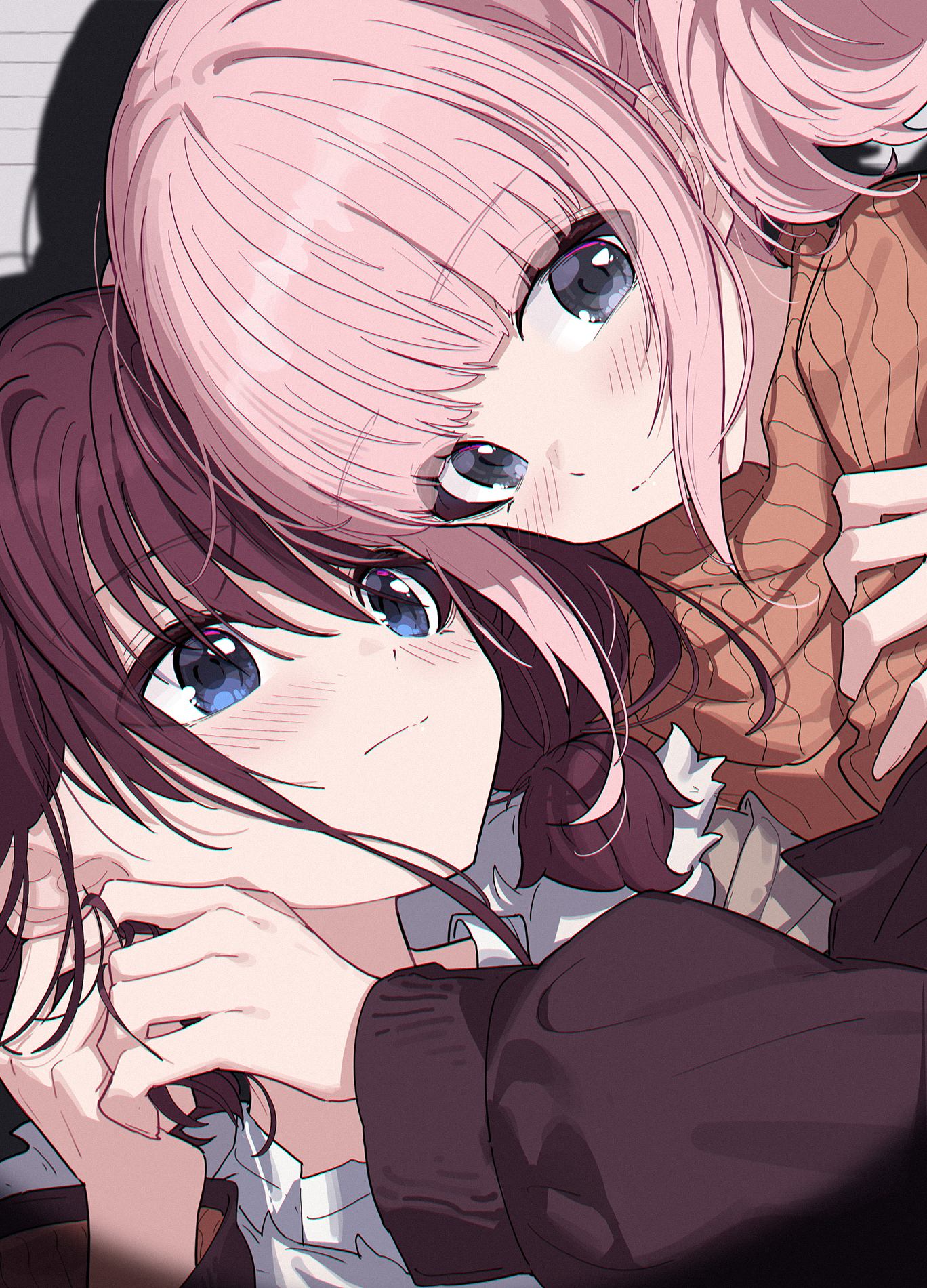 2girls blue_eyes blush brown_hair brown_sweater chinese_commentary closed_mouth commentary_request girls_band_cry grey_eyes hair_between_eyes highres hina_(girls_band_cry) iseri_nina jacket long_hair long_sleeves low_twintails multiple_girls pink_hair red_jacket shadow shirt short_hair short_twintails sweater twintails twirling_hair white_shirt yun_cao_bing yuri