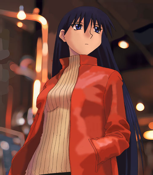 1girl azuma_kiyohiko azumanga_daiou bad_id black_hair blue_eyes blurry blurry_background breasts brown_sweater casual closed_mouth commentary expressionless from_below hand_in_pocket indoors jacket long_hair long_sleeves looking_afar looking_to_the_side medium_breasts official_art open_clothes open_jacket red_jacket ribbed_sweater sakaki_(azumanga_daioh) solo standing sweater turtleneck turtleneck_sweater upper_body very_long_hair
