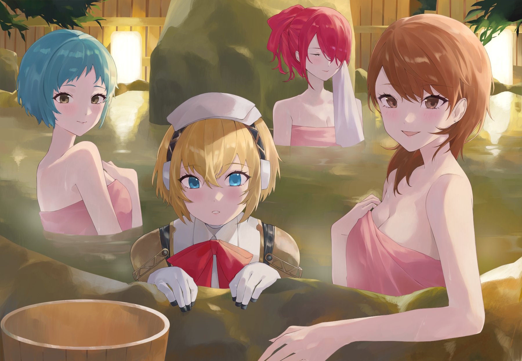 4girls aigis_(persona) android aqua_hair bare_shoulders blonde_hair blue_eyes blush bow bowtie breasts brown_eyes brown_hair cleavage closed_mouth commentary crossed_bangs grey_eyes hair_over_one_eye high_ponytail highres holding holding_towel kirijou_mitsuru konchi_(63438789) looking_at_viewer medium_breasts multiple_girls naked_towel onsen parted_lips partially_submerged persona persona_3 ponytail red_bow red_bowtie red_hair robot_ears short_hair smile steam takeba_yukari towel towel_on_head upper_body water wet yamagishi_fuuka