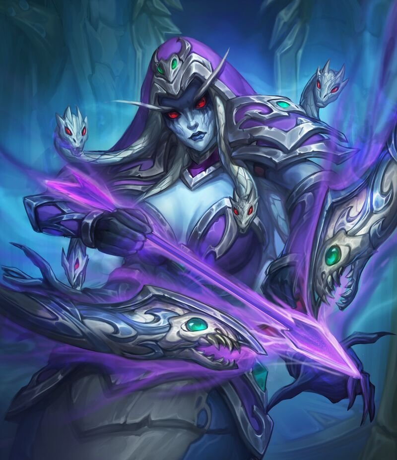 1girl alternate_color blue_skin bow_(weapon) breasts cleavage colored_skin energy_arrow holding holding_bow_(weapon) holding_weapon medium_breasts neasper purple_hood red_eyes solo sylvanas_windrunner warcraft weapon