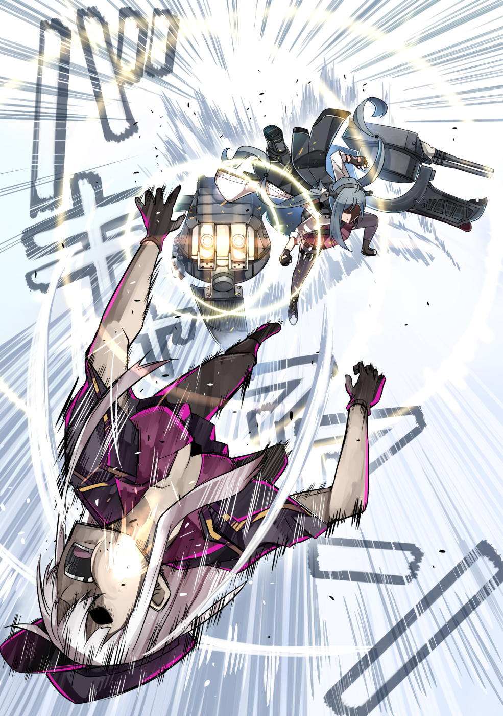 2girls abyssal_ship comic corruption cosplay fighting gangut_(kancolle) grey_hair highres ido_(teketeke) kantai_collection kiyoshimo_(kancolle) long_hair low_twintails multiple_girls musashi_(kancolle) musashi_(kancolle)_(cosplay) musashi_kai_ni_(kancolle) twintails white_hair