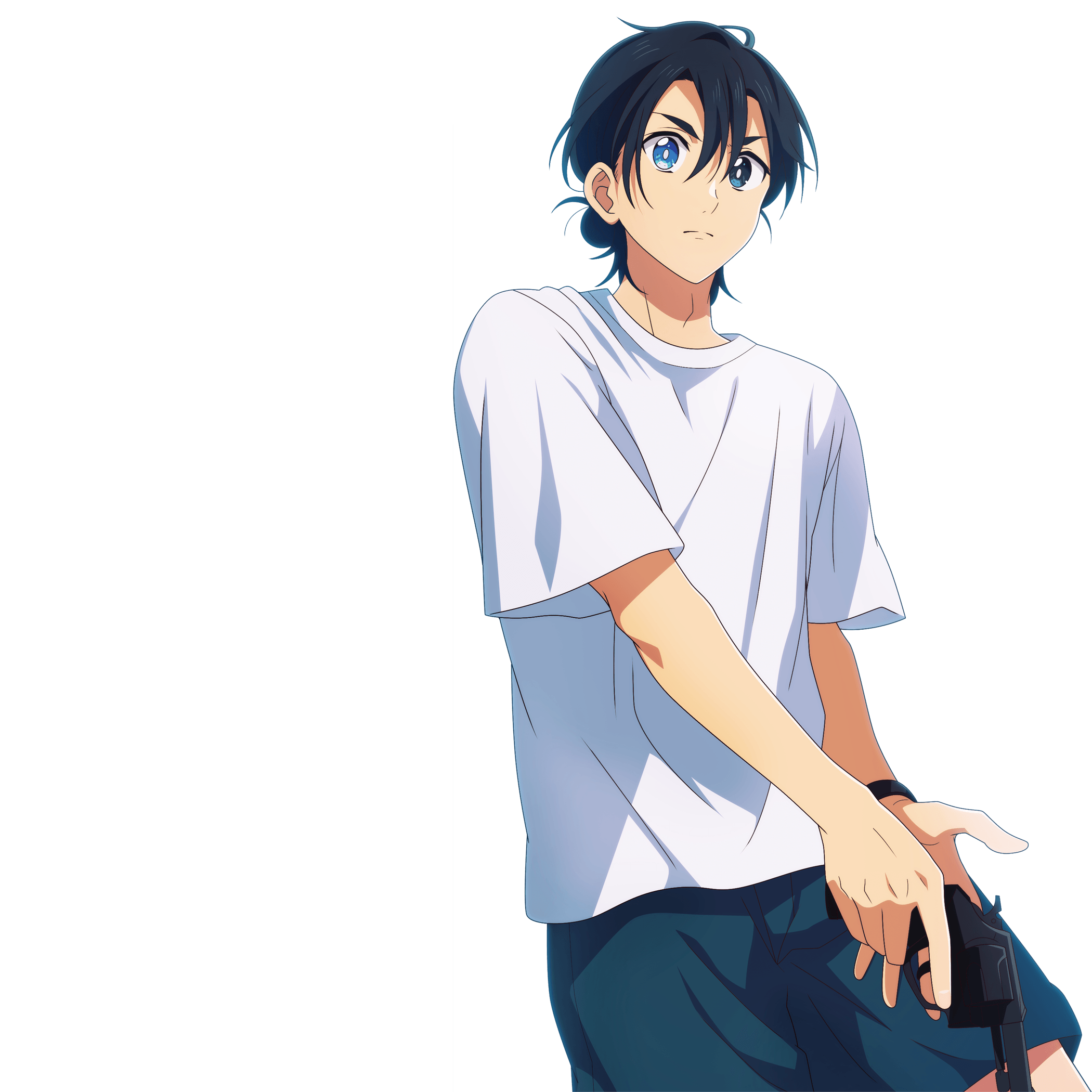 1boy ajiro_shinpei anime_coloring black_hair blue_eyes gun handgun heterochromia highres holding holding_gun holding_weapon medium_hair official_art shirt shorts summertime_render transparent_background weapon white_shirt