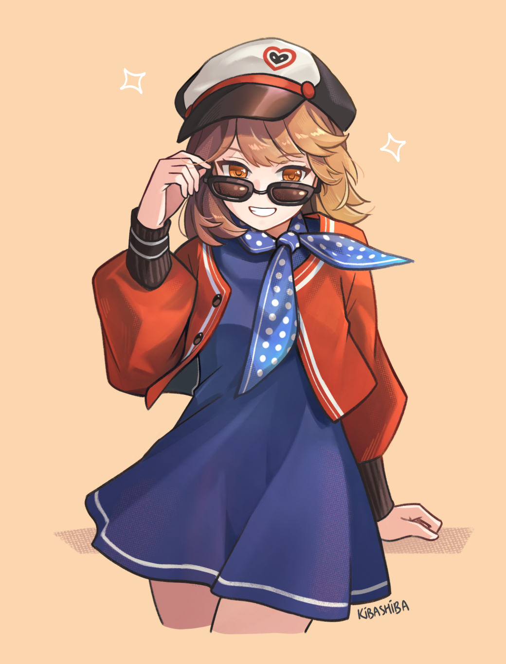 1girl adjusting_eyewear arm_support artist_name blue_dress blue_neckerchief brown_hair cowboy_shot cropped_legs dress grin hand_on_eyewear hat highres jacket kibashiba long_sleeves looking_at_viewer looking_over_eyewear neckerchief newsboy_cap orange_eyes polka_dot_neckerchief puffy_long_sleeves puffy_sleeves red_jacket regulus_(reverse:1999) reverse:1999 short_dress short_hair smile solo sparkle sunglasses teeth yellow_background
