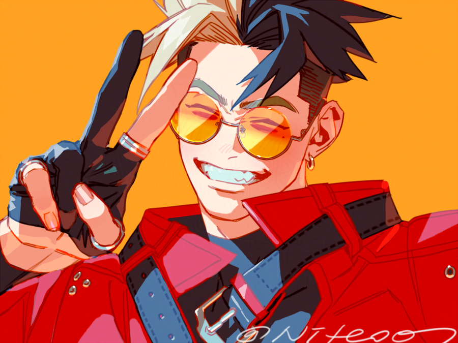 1boy artist_name black_gloves coat glasses gloves male_focus multicolored_hair niteo07 red_coat round_eyewear signature smile trigun trigun_maximum twitter_username two-tone_hair v vash_the_stampede