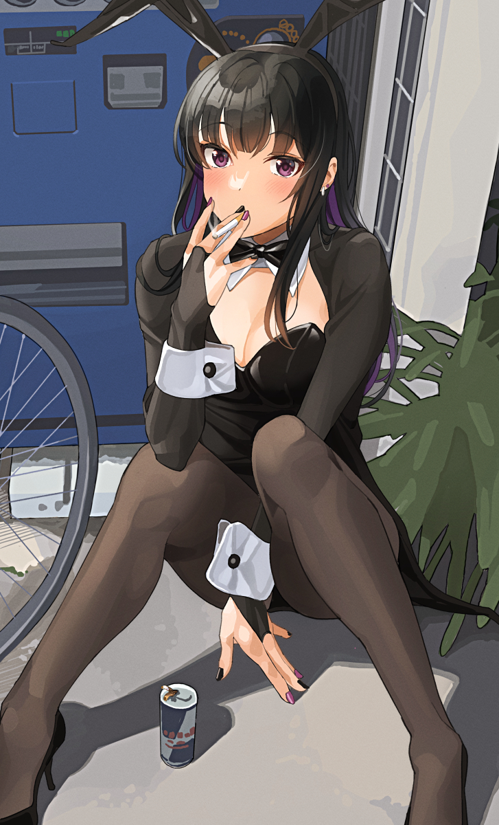1girl animal_ears black_bow black_bowtie black_hair black_hairband black_leotard black_nails black_pantyhose blush bow bowtie breasts cigarette cleavage detached_collar fake_animal_ears hair_ornament hairband highres large_breasts leotard long_hair nail_polish original pantyhose playboy_bunny purple_eyes purple_nails rabbit_ears sitting smoking solo tipii