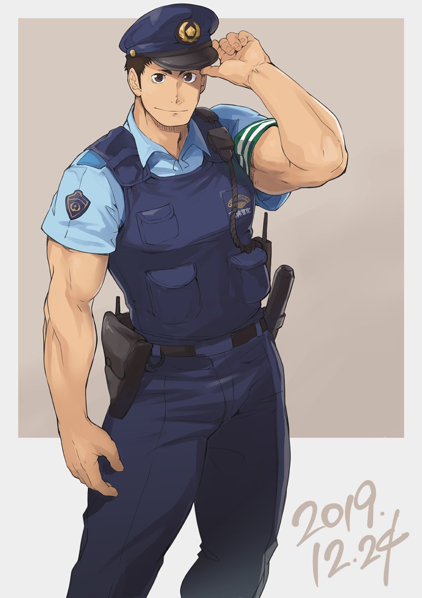 1boy 8_(yamalu) bara belt black_belt black_pants blue_shirt blue_vest closed_mouth collared_shirt dated haikyuu!! hat highres japan_national_police male_focus muscular muscular_male pants police police_hat police_uniform policeman sawamura_daichi shirt simple_background smile solo vest