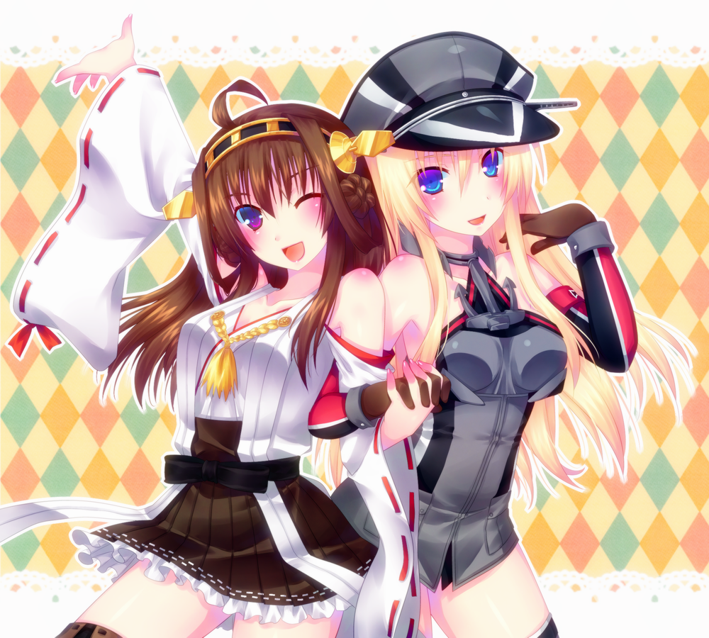 10s 2girls ahoge arm_up bad_id bad_pixiv_id bare_shoulders bismarck_(kancolle) blonde_hair blue_eyes blush body_blush boots bottomless brown_hair brown_skirt collarbone cross detached_sleeves door_to_heaven frilled_skirt frills hairband hat holding_hands interlocked_fingers iron_cross kantai_collection kongou_(kancolle) long_hair long_sleeves military military_uniform multicolored_eyes multiple_girls nontraditional_miko one_eye_closed outline peaked_cap purple_eyes skirt thigh_boots thighhighs