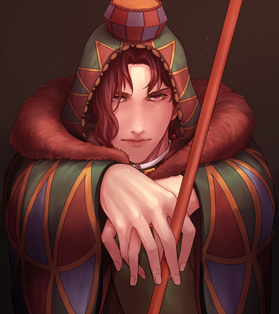 1boy alternate_costume argyle cape fur-trimmed_cape fur_trim hat jojo_no_kimyou_na_bouken kakyoin_noriaki lanxjourney male_focus red_eyes red_hair solo staff stardust_crusaders tarot the_hierophant_(tarot)