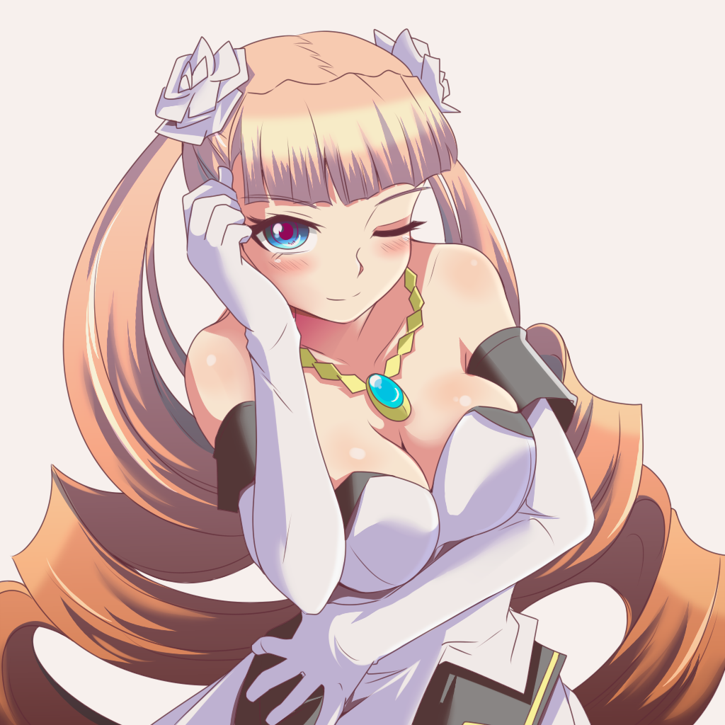 1girl aq_interactive arcana_heart artist_request bare_shoulders blue_eyes blush breasts cleavage collarbone dress drill_hair examu flower gloves hair_flower hair_ornament jewelry large_breasts long_hair looking_at_viewer necklace one_eye_closed orange_hair pendant petra_johanna_lagerkvist rose smile twintails very_long_hair white_flower white_rose wink