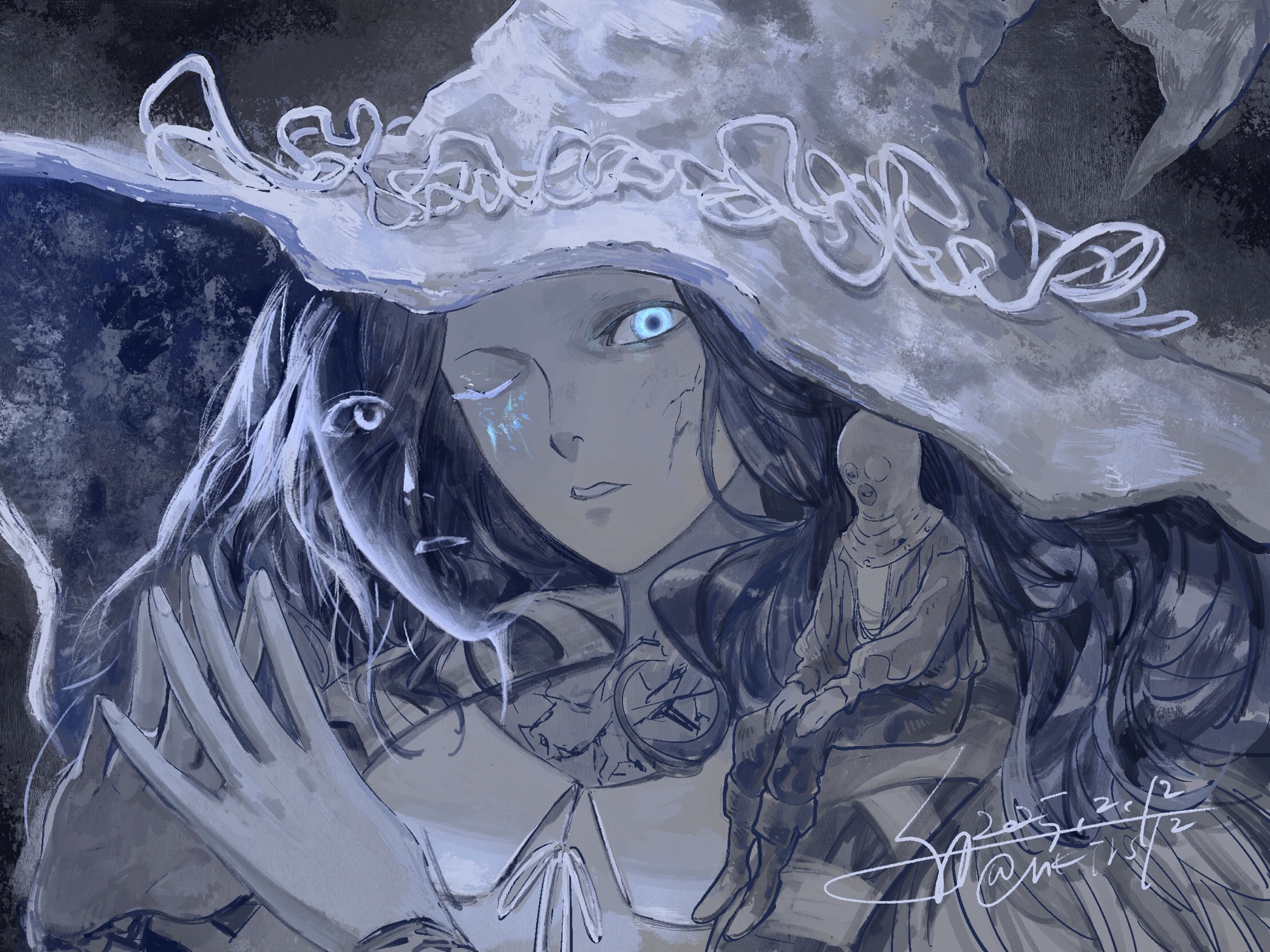 1girl 1other black_background blue_eyes colored_skin commentary_request dated elden_ring extra_faces grey_skin hat highres large_hat nkjrs12 one_eye_closed prisoner_(elden_ring) ranni_the_witch signature smile tarnished_(elden_ring) upper_body white_hat witch_hat