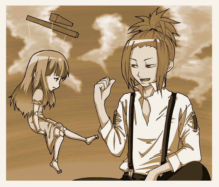 1boy 1girl blacksmith_(ragnarok_online) cloud collared_shirt commentary_request danna_(00211020) doll_joints dress feet_out_of_frame full_body joints long_hair long_sleeves looking_at_another looking_to_the_side marionette marionette_(ragnarok_online) open_mouth pointing pointing_at_self popped_collar puffy_short_sleeves puffy_sleeves puppet ragnarok_online sepia shirt short_hair short_sleeves smile suspenders