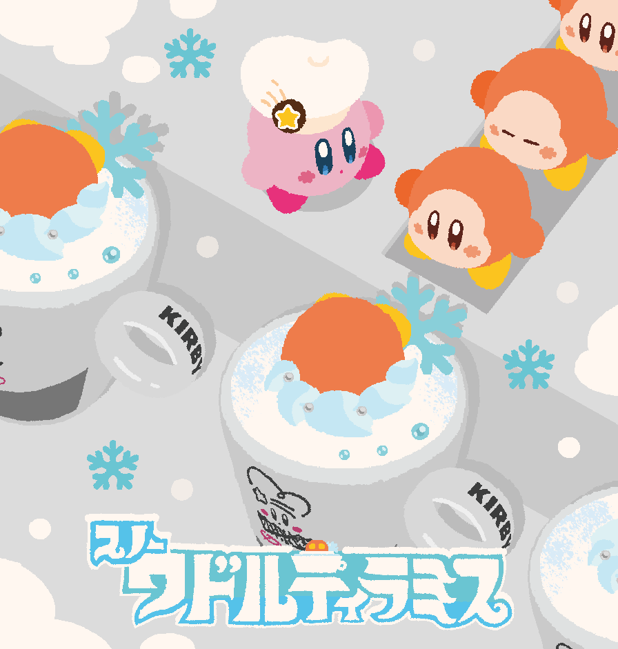 blue_eyes blush_stickers character_name chef_hat closed_eyes commentary conveyor_belt cup drink hat kirby kirby_(series) kirby_cafe looking_ahead looking_at_another munuone nintendo no_humans orange_eyes snow snowflakes snowing star_(symbol) symbol-only_commentary toque_blanche translated waddle_dee white_hat