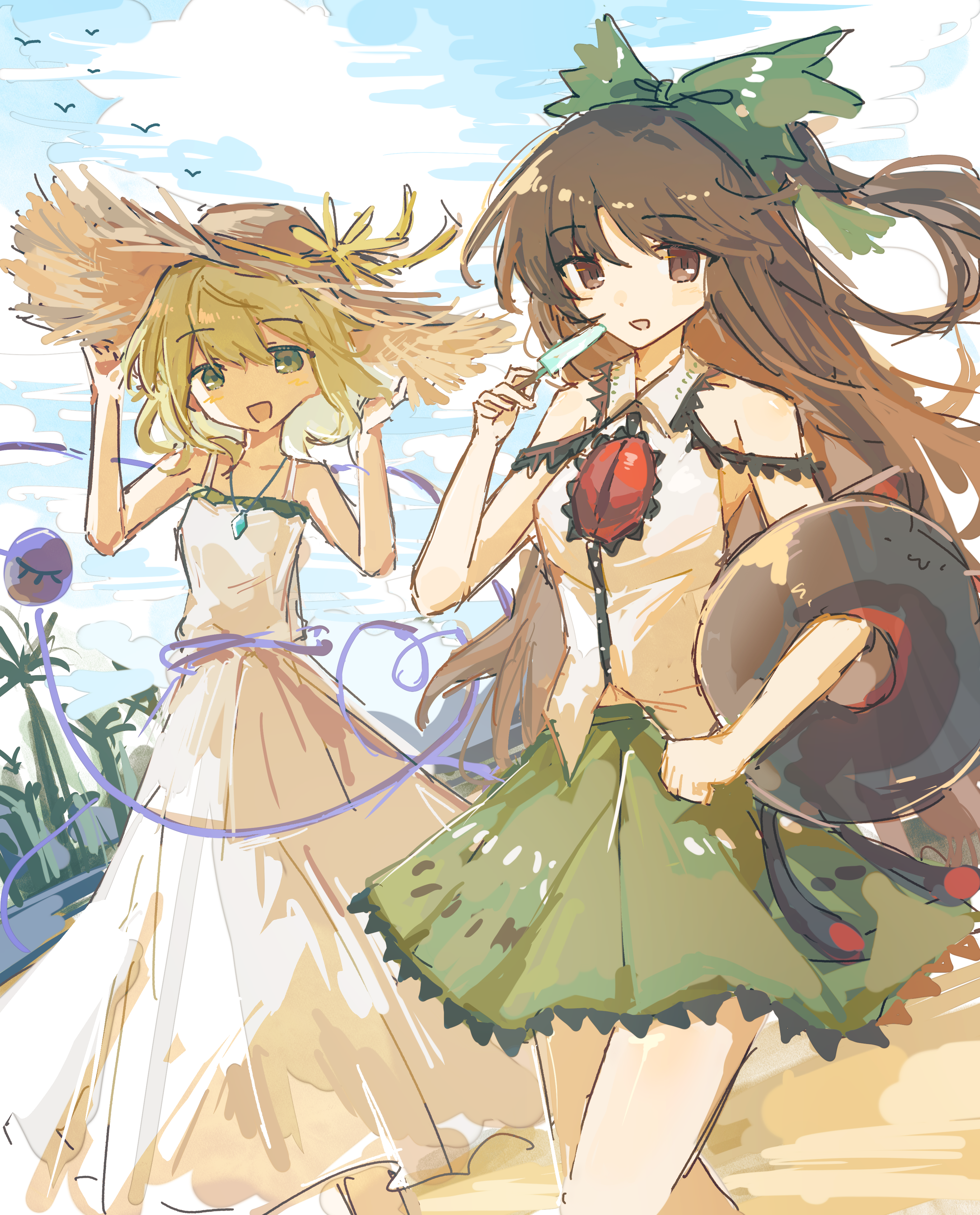 2girls :d absurdres alternate_costume alternate_headwear bare_shoulders bow breasts brown_eyes brown_hair cloud commentary cowboy_shot day dress food green_bow green_eyes green_hair green_skirt hair_bow hand_on_headwear hat hat_ribbon heart heart_of_string highres holding holding_food holding_popsicle jewelry kaenbyou_rin komeiji_koishi long_hair looking_at_viewer midriff_peek multiple_girls necklace objectification open_mouth outdoors popsicle red_shorts reiuji_utsuho ribbon shirt shorts simple_bird skirt sky sleeveless sleeveless_dress smile standing straw_hat sun_hat swim_ring symbol-only_commentary third_eye third_eye_on_chest touhou white_dress white_shirt wusem0108 yellow_ribbon