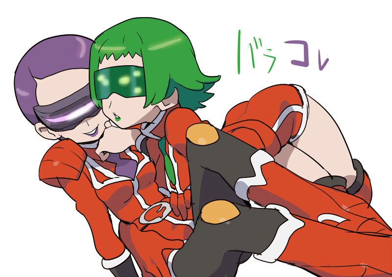 10s 2girls bryony_(pokemon) celosia_(pokemon) glasses green-tinted_eyewear green_hair multiple_girls nintendo pokemon pokemon_xy purple-tinted_eyewear purple_hair simple_background team_flare tinted_eyewear visor