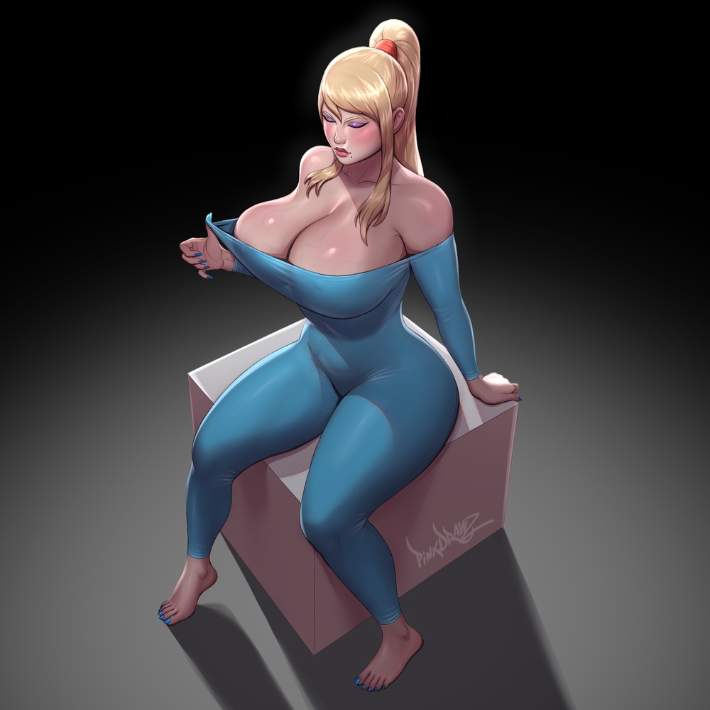 1girl arm_support artist_name bare_shoulders blonde_hair blue_bodysuit blue_nails bodysuit bodysuit_pull breasts cleavage closed_eyes collarbone covered_erect_nipples curvy gradient_background high_ponytail huge_breasts long_hair metroid mole mole_under_mouth nail_polish nintendo pinkdrawz ponytail pulling_own_clothes samus_aran shiny_skin sidelocks simple_background sitting skin_tight solo thick_thighs thighs toenail_polish toenails wide_hips