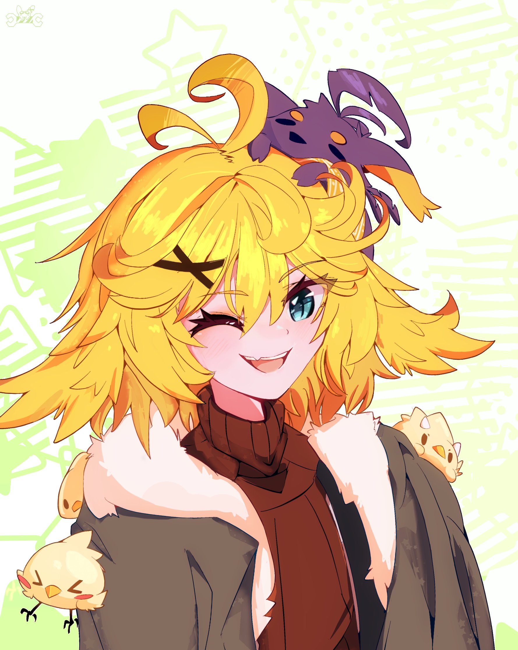 1girl ahoge blonde_hair blue_eyes brown_jacket doki_amber_doge_(dokibird) dokibird_(vtuber) dokibird_(vtuber)_(bounty_hunter) dragoon_(dokibird) fang fur_trim highres indie_virtual_youtuber jacket medium_hair one_eye_closed open_mouth skin_fang smile solo_focus sweater troubleshooter_bun upper_body virtual_youtuber white_background