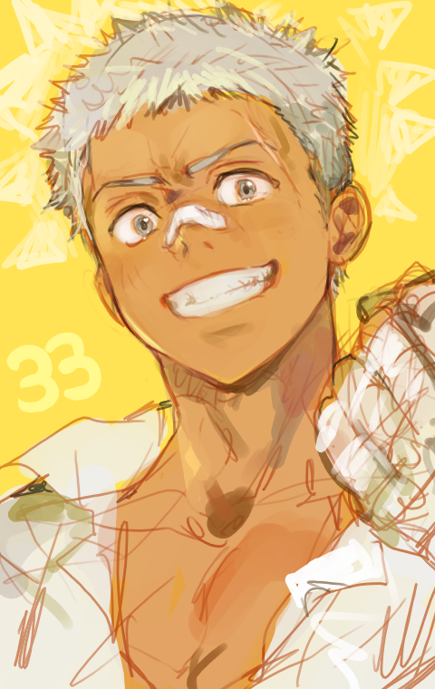 1boy dark_skin grey_eyes kuzuvine looking_at_viewer male_focus open_clothes open_shirt original pectorals sasagawa_ryohei shirt short_hair smile teeth upper_body very_short_hair white_hair white_shirt yellow_background