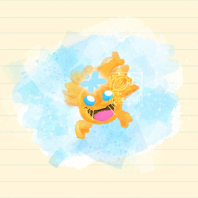 blue_eyes bug butterfly digimon digimon_(creature) fire floating happy insect petitmamon smile solo