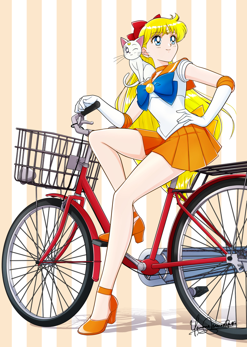 1girl aino_minako artemis_(sailor_moon) back_bow bicycle bishoujo_senshi_sailor_moon blonde_hair blue_eyes bow brooch cat choker circlet dj_jdite earrings elbow_gloves gloves hair_bow hand_on_own_hip highres jewelry long_hair looking_up magical_girl one_eye_closed orange_choker orange_sailor_collar orange_skirt pleated_skirt red_bow revision sailor_collar sailor_senshi_uniform sailor_venus simple_background sitting skirt smile solo striped_background vertical-striped_background white_cat white_gloves