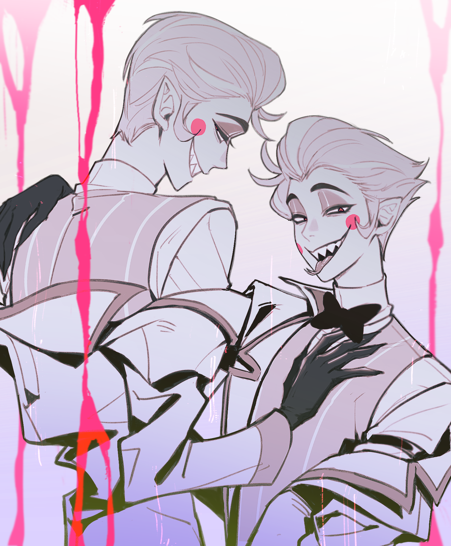 1boy blonde_hair demon_boy hair_slicked_back hako_iix07 hazbin_hotel highres looking_at_viewer lucifer_morningstar_(hazbin_hotel) pointy_ears sharp_teeth teeth tongue tongue_out