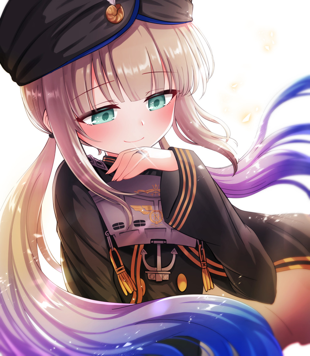 1boy black_cape black_headwear black_jacket blue_hair blunt_bangs blush cape captain_nemo_(fate) captain_nemo_(third_ascension)_(fate) choppy_bangs fate/grand_order fate_(series) gradient_hair jacket jewelry light_brown_hair long_hair looking_at_object male_focus military_jacket military_uniform multicolored_hair nemo_(fate) ring shell_ocean smile solo trap turban wedding_ring