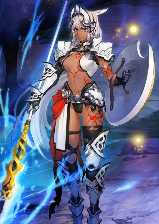 1girl animal_ear_request arm_tattoo armor armored_gloves armored_legwear asymmetrical_armor asymmetrical_gloves asymmetrical_legwear azusa_(hws) beach black_gloves black_hairband black_panties black_thighhighs blue_eyes breasts breasts_apart caenis_(fate) caenis_(second_ascension)_(fate) chest_tattoo closed_mouth collar dark-skinned_female dark_skin elbow_gloves expressionless fate/grand_order fate_(series) feet_out_of_frame game_cg gloves glowing glowing_weapon gluteal_fold groin hair_intakes hairband hand_up headpiece hip_armor holding holding_polearm holding_shield holding_weapon impossible_clothes leg_tattoo light_particles long_hair looking_at_viewer low_ponytail navel night night_sky official_art panties pauldrons polearm ponytail pubic_tattoo red_tattoo shield shoulder_armor sidelocks silver_armlet silver_belt sky solo spear standing stomach_tattoo tattoo thigh_strap thighhighs third-party_source torn_clothes torn_thighhighs underboob underwear uneven_gloves uneven_legwear variant_set very_long_hair waist_cape weapon white_armor white_collar white_hair