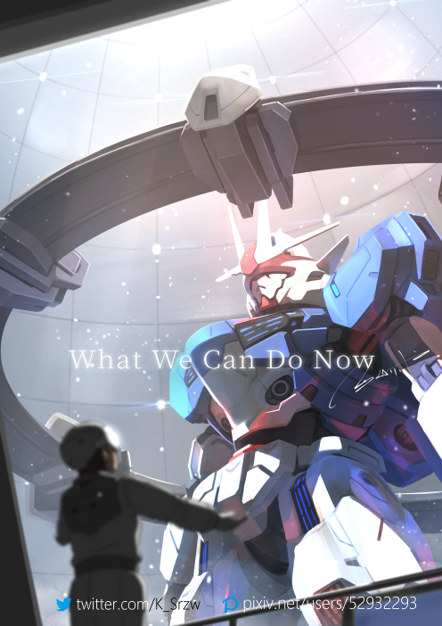 1girl brown_hair commentary english_text episode_title from_behind from_below gundam gundam_aerial_rebuild gundam_suisei_no_majo helmet long_hair mecha mobile_suit pixiv_id pixiv_logo prospera_mercury robot science_fiction serike_w signature twitter_logo twitter_username upper_body v-fin