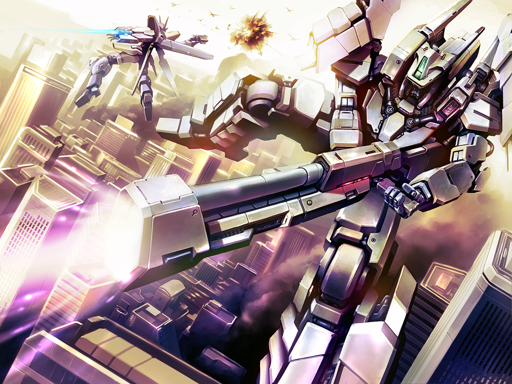 battle beam beam_rifle building city cityscape energy_gun energy_sword explosion flying futoshi_to gun mecha no_humans original robot sky sword taedu weapon