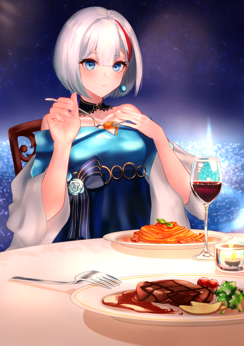 1girl admiral_graf_spee_(a_novel_anniversary)_(azur_lane) admiral_graf_spee_(azur_lane) alcohol azur_lane bad_id bad_pixiv_id bare_shoulders blue_bow blue_dress blue_eyes bow breasts broccoli candle cherry_tomato closed_mouth collarbone commentary cup dress drinking_glass earrings eating english_commentary eyelashes flower food fork hair_between_eyes hand_on_own_chest highres jewelry looking_at_viewer medium_breasts multicolored_hair necomilk night night_sky off-shoulder_dress off_shoulder pasta plate potato potato_wedges red_hair red_wine shawl short_hair silver_hair sky smile solo spaghetti star_(sky) starry_sky steak streaked_hair table tomato two-tone_hair wine wine_glass
