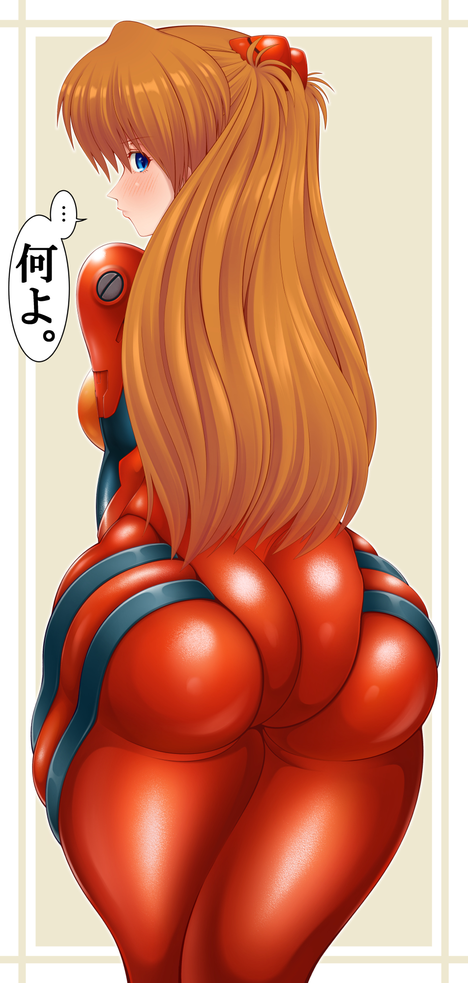 ... 1girl ass ass_focus blue_eyes blush bodysuit breasts brown_hair butt_crack curvy embarrassed from_behind highres huge_ass legs_together lips long_hair looking_at_viewer looking_back mecha_pilot_suit medium_breasts neon_genesis_evangelion pixiv1478062 plugsuit_(evangelion) red_bodysuit shiny_clothes simple_background skin_tight skindentation solo souryuu_asuka_langley translation_request tsundere wide_hips