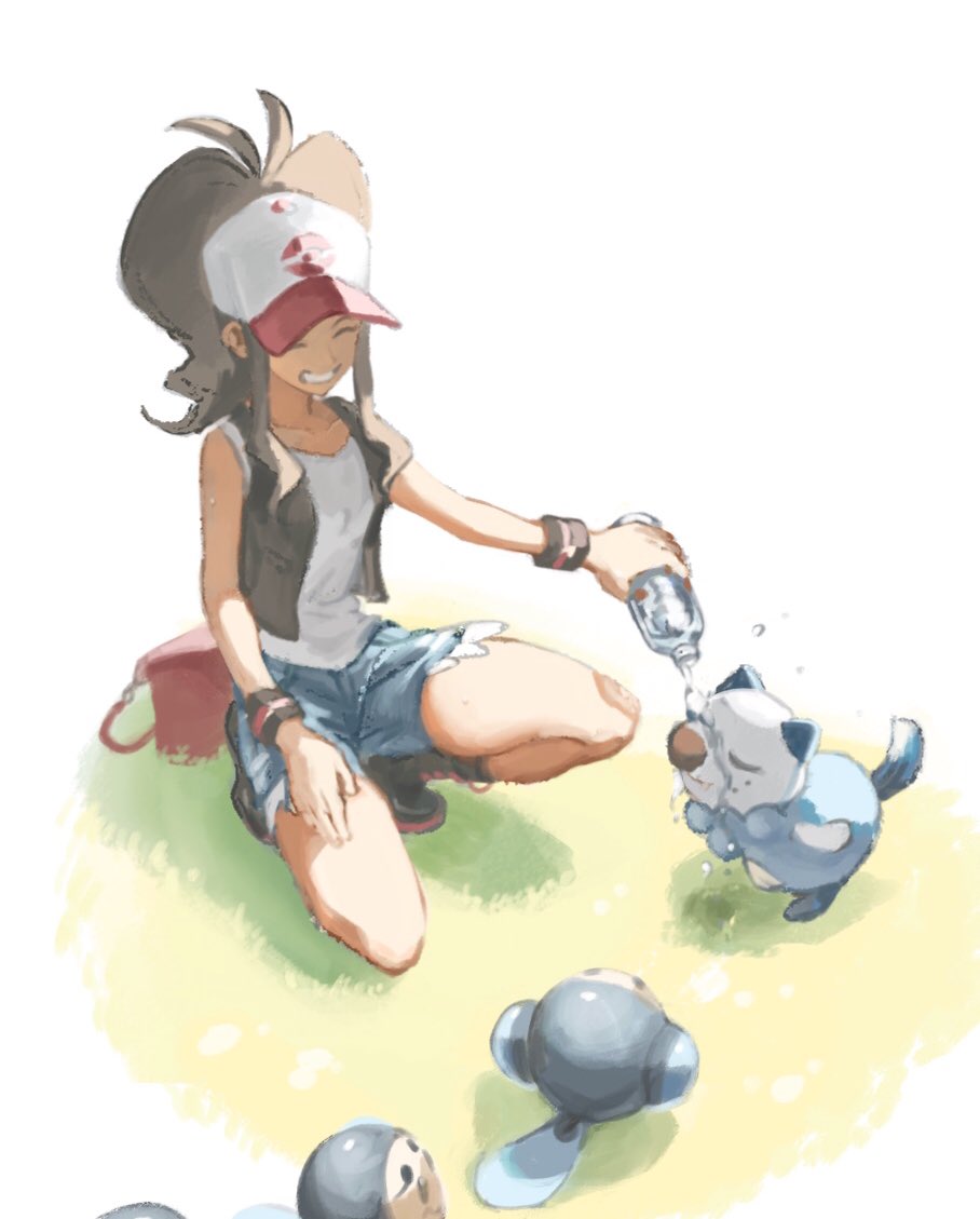 1girl antenna_hair bag black_vest bottle brown_hair closed_eyes commentary_request exposed_pocket gen_5_pokemon grass grin hat hilda_(pokemon) holding holding_bottle long_hair nintendo oshawott pink_bag pokemon pokemon_(creature) pokemon_bw pouring shirt shorts sleeveless sleeveless_shirt smile squatting teeth tftf649e tympole unworn_bag vest water white_hat white_shirt