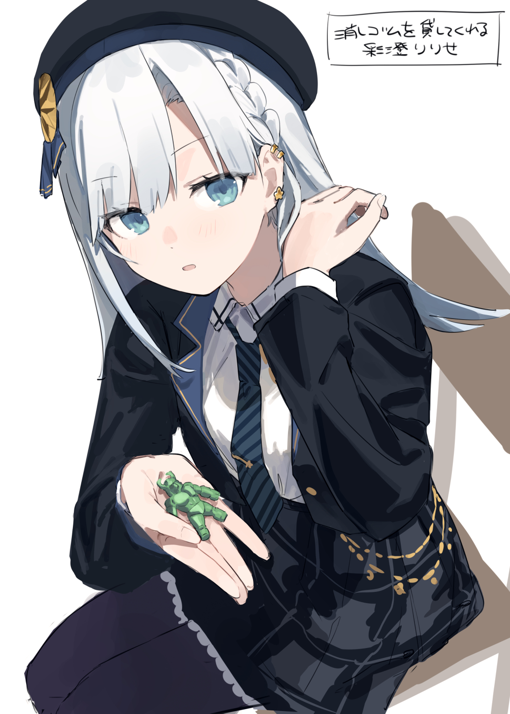 1girl asumi_ririse beret black_hat black_jacket black_pantyhose black_skirt blue_eyes blue_necktie braid chair collared_shirt ear_piercing earrings eraser feet_out_of_frame hand_up hat highres hitogome holding jacket jewelry light_blush long_hair long_sleeves looking_at_viewer necktie on_chair open_clothes open_jacket pantyhose piercing plaid_clothes plaid_skirt school_chair school_uniform shirt shirt_tucked_in side_braid simple_background sitting skirt solo star_(symbol) star_earrings striped_necktie tie_clip translation_request voicepeak white_background white_hair white_shirt