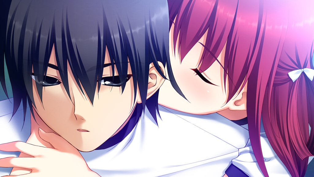 1boy 1girl arms_around_neck black_hair bow closed_eyes fumio_(ura_fmo) game_cg grey_eyes grisaia_(series) grisaia_no_kajitsu gym_shirt hair_between_eyes hair_bow head_on_another&#039;s_shoulder hug kazami_yuuji kiss kissing_neck long_hair non-web_source open_mouth portrait red_hair shirt short_hair short_sleeves smile suou_amane white_bow white_shirt