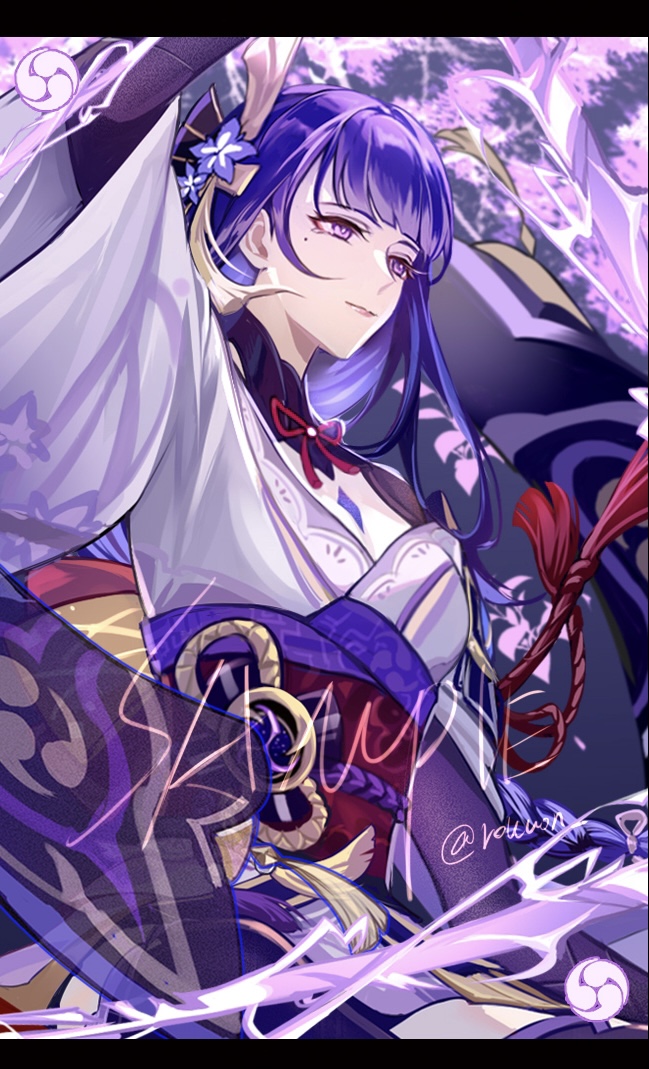 1girl arm_up armor blunt_bangs braid breasts bridal_gauntlets bright_pupils cleavage collarbone commentary dated electricity english_commentary expressionless eyelashes genshin_impact glowing glowing_sword glowing_weapon hair_ornament holding holding_sword holding_weapon japanese_clothes kimono large_breasts letterboxed lips long_hair long_sleeves looking_to_the_side low-braided_long_hair low-tied_long_hair mitsudomoe_(shape) nail_polish obi obiage obijime purple_eyes purple_hair purple_kimono purple_nails raiden_shogun rokuon sample_watermark sash shoulder_armor shrug_(clothing) solo sword tomoe_(symbol) twitter_username upper_body watermark weapon wide_sleeves