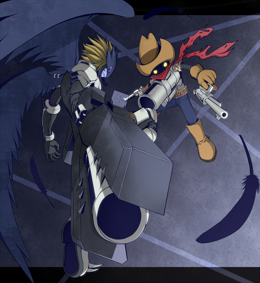 beelzebumon_(digimon_xros_wars) digimon digimon_(creature) feathers gun handgun hat revolmon revolver weapon wings yellow_eyes