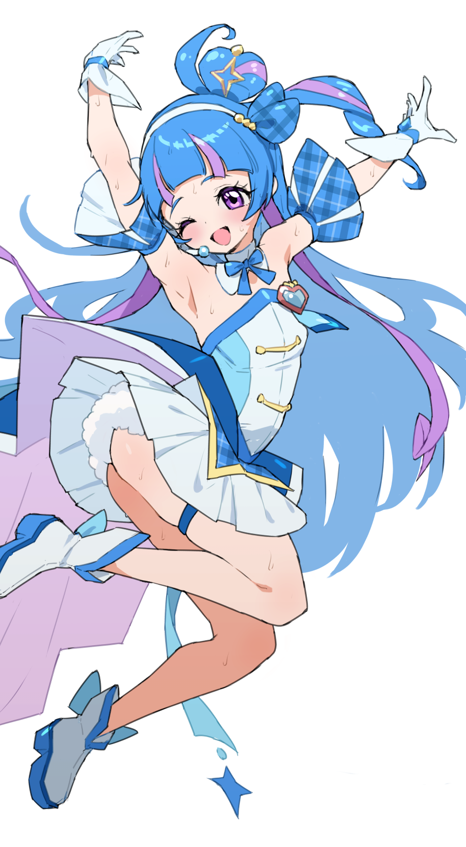 1girl armpits arms_up ass blush commentary cure_wink dress flat_chest gloves hair_bun hairband heart heart-shaped_hair heart_hair_bun highres idol_heart_brooch jumping kimi_to_idol_precure long_hair looking_at_viewer magical_girl mo_(boo1719501boo) one_eye_closed open_mouth plaid_clothes plaid_sleeves precure purple_eyes purple_streaks simple_background skindentation smile solo strapless strapless_dress thighs very_long_hair white_background white_dress white_gloves white_hairband