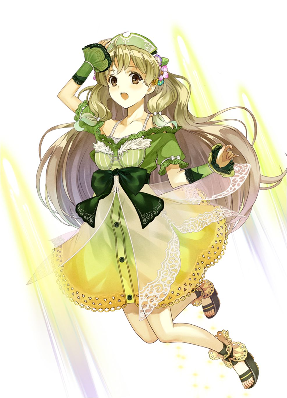 1girl arm_up atelier_(series) atelier_ayesha atelier_questboard ayesha_altugle bare_shoulders bow brown_eyes brown_hair commentary_request dress flower full_body green_dress green_hat hair_flower hair_ornament hat highres long_hair looking_at_viewer off-shoulder_dress off_shoulder official_art open_mouth sandals second-party_source solo waist_bow wrist_cuffs