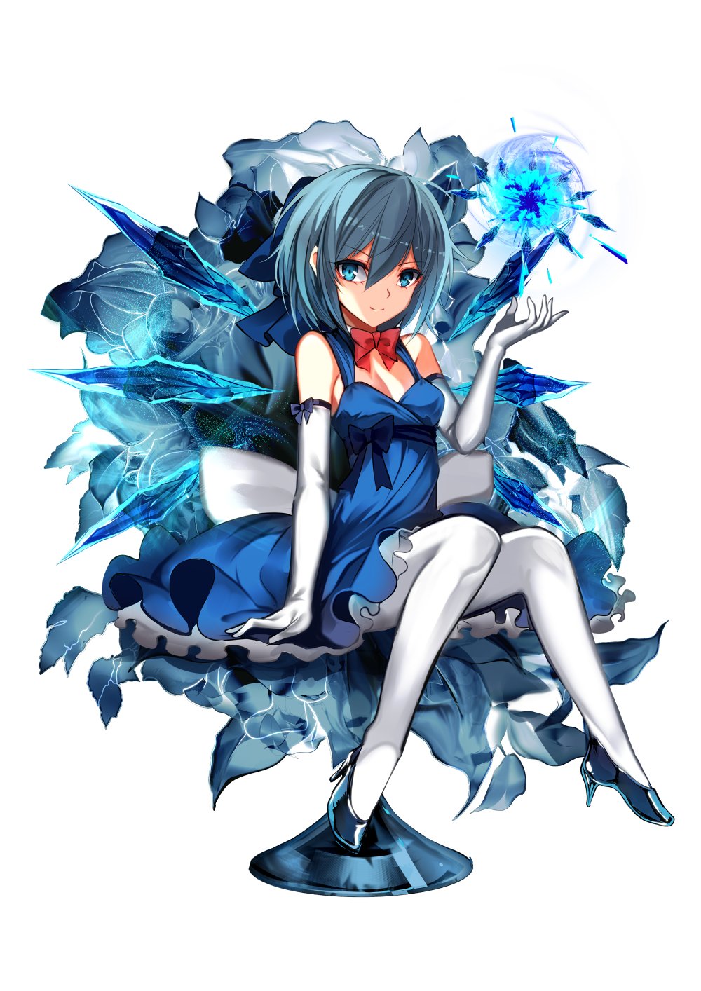 1girl aged_up blue_eyes blue_hair bow bowtie breasts cirno danmaku detached_collar dress elbow_gloves female_focus flower formal_clothes gloves hair_bow high_heels highres ice ice_shoes ice_wings karlwolf looking_at_viewer matching_hair/eyes medium_breasts pantyhose red_bow red_bowtie sash shaded_face short_hair sitting smile solo throne touhou white_pantyhose wings