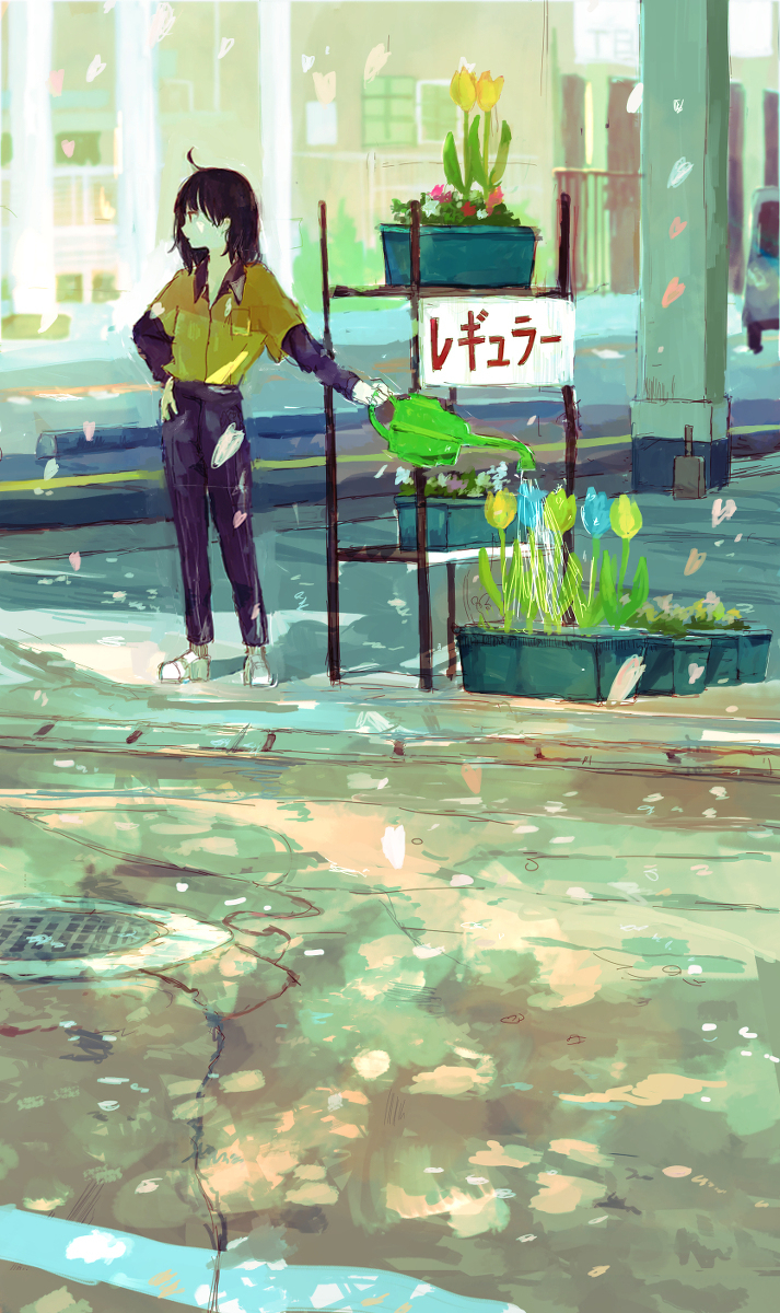 1girl ahoge black_hair black_pants blue_flower blue_tulip brown_hair car commentary_request day drain_(object) falling_petals flower flower_pot full_body hand_on_own_hip highres holding holding_watering_can layered_sleeves long_hair long_sleeves medium_hair motor_vehicle original outdoors pants petals plant profile road shirt shirt_tucked_in shoes short_over_long_sleeves short_sleeves sign sneakers solo spring_(season) standing street torn_clothes translation_request tulip watering watering_can white_shoes wide_shot window yellow_flower yellow_shirt yellow_tulip yori_(f2_ef7)