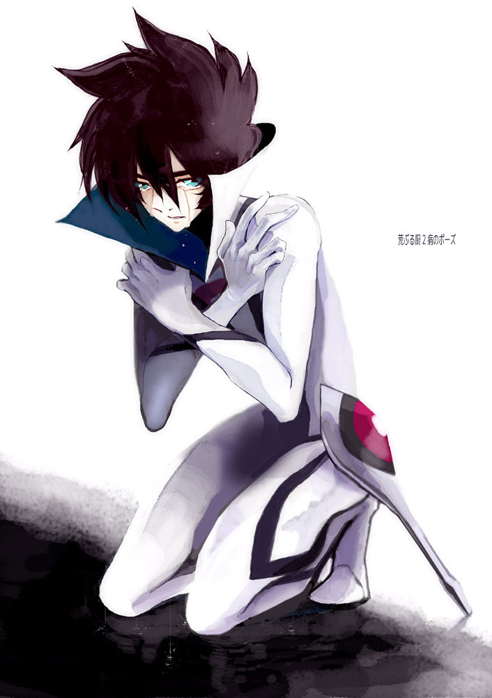 1boy akira-riku blue_eyes bodysuit brown_hair casshern casshern_(series) casshern_sins commentary_request crossed_arms crying crying_with_eyes_open full_body hair_between_eyes kneeling long_bangs looking_at_viewer male_focus open_mouth popped_collar puddle reflection reflective_water short_hair solo spiked_hair tears translation_request water white_background white_bodysuit